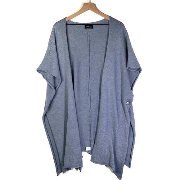 Eskandar Open Front Tabard Sweater Knit Cardigan Wrap Shawl OS‎ Blue Cotton - Picture 1 of 9
